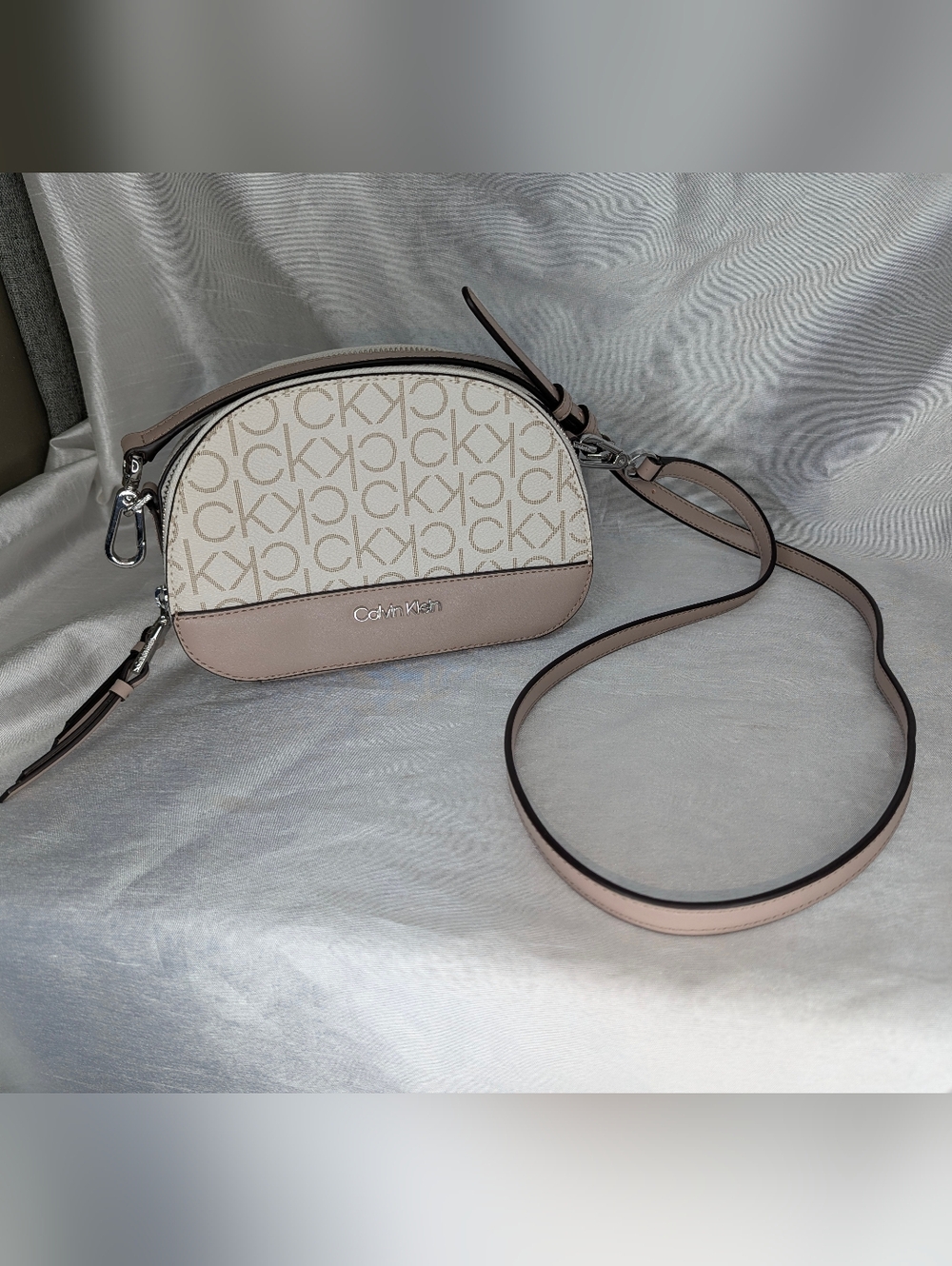 Calvin Klein Beige Taupe Logo Crossbody Detachable Strap Zip Closure Women